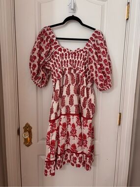Ro's Garden Red Pink Block Print Smocked Puff Sleeve Tiered Cotton Dress M
